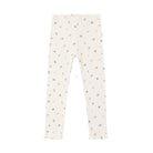 Off-white ribbed knit leggings with a small scattered floral print, shown flat against a solid white background.
