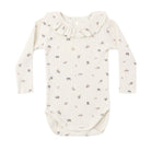 An off-white ribbed long-sleeve baby bodysuit with a ruffled collar and a delicate all-over floral print, shown against a plain white background.