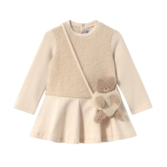 Baby Mixed Fabric Dress With Teddy Bear Bag - Light Khaki by Mayoral