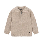 A beige knit zip-up cardigan sweater with a textured speckled pattern, ribbed collar, cuffs, and hem, shown flat on a white background.