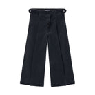Black wide-leg cropped pants with pleated front panels and button details at the waist, shown flat on a white background.
