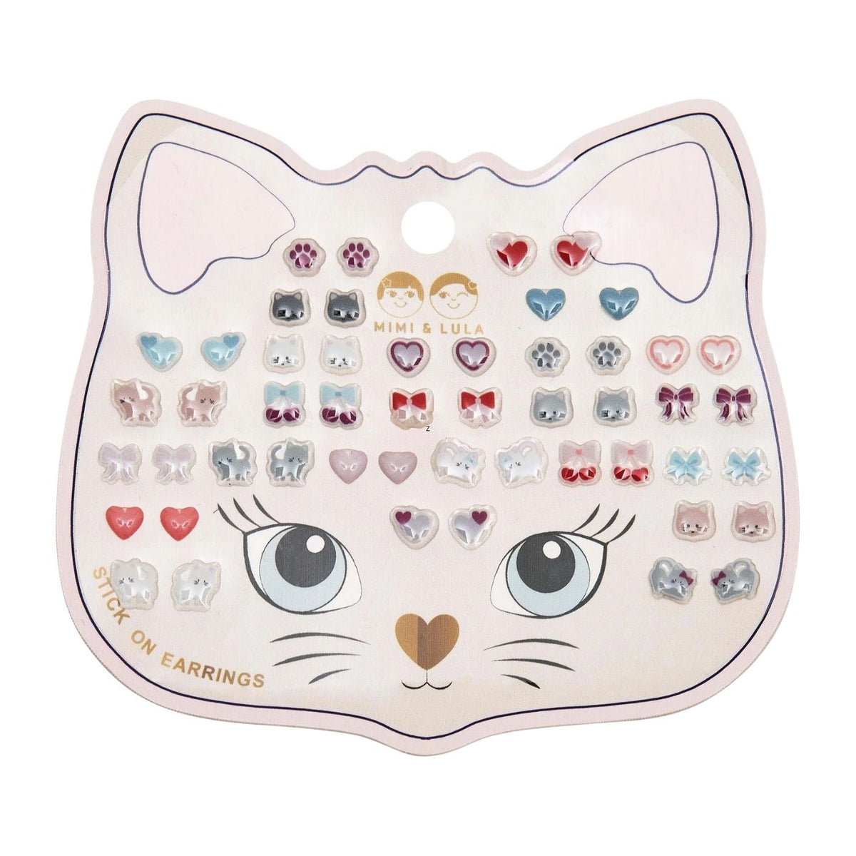 Cat-shaped card with various small earrings on a white background