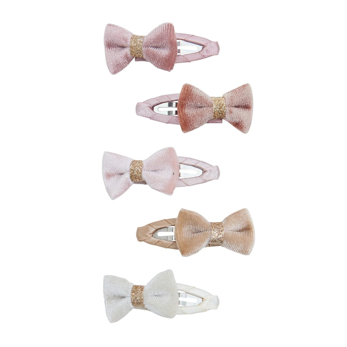 Five hair claw clips with bow details in soft pink, dusty rose, pale pink, champagne beige, and white, arranged vertically on a plain white background.