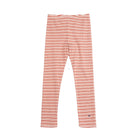 A pair of children's leggings with thin horizontal red and white stripes, laid flat against a solid white background.