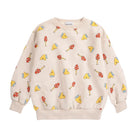 A cream-colored crewneck sweatshirt with an all-over print of colorful mushrooms and cheese wedges, shown flat against a white background.
