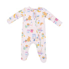 A baby long-sleeve footed sleeper in a very pale pink, decorated with a colorful cartoon print of pancakes, eggs, milk, and breakfast items.
