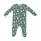 A green long-sleeve footed sleeper with an all-over print of white dogs wearing red Santa hats and green sweaters, set against a plain white background.