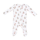 A white long-sleeve footed sleeper with an all-over print of teddy bears wearing Santa hats, shown against a plain white background.