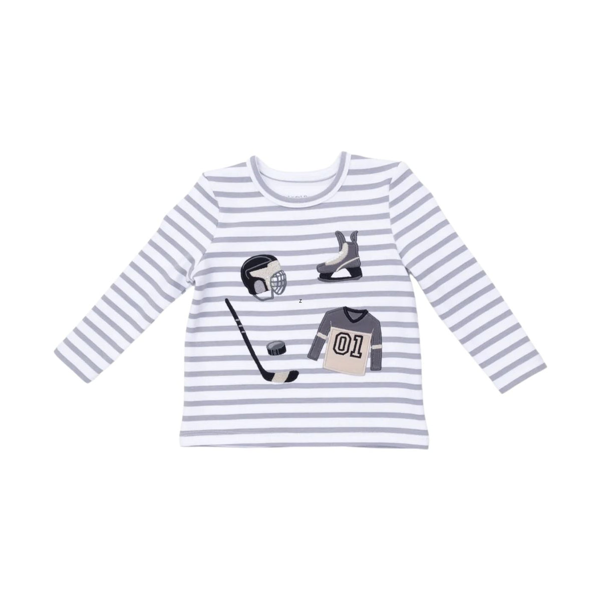 A long-sleeve baby t-shirt with horizontal gray and white stripes, featuring a central graphic of hockey-themed items including a helmet, hockey stick, puck, and a jersey with the number 01.