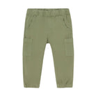 A pair of sage green cargo pants for toddlers, featuring an elastic waistband, side pockets, and flap cargo pockets on the thighs, shown against a plain white background.