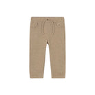 A pair of toddler's heathered beige sweatpants with an elastic waistband, drawstring, side pockets, and a small embroidered animal logo on the left hip, shown against a plain white background.