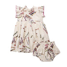 A baby girl's two-piece outfit set consisting of a tiered cream dress with ruffle sleeves and an all-over crayon print, paired with matching cream bloomers.