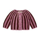 A pink and dark brown striped knit cardigan with three large decorative buttons, displayed flat against a solid white background.