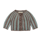 A baby knit cardigan sweater with vertical stripes in brown and a muted teal blue, featuring a button-up front and scalloped edges, shown on a plain white background.