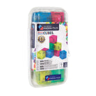 A clear plastic zippered case containing colorful magnetic micro-magnets in the shape of cubes, branded 'The Original Magna-Tiles Micro Magnets Cubes'.