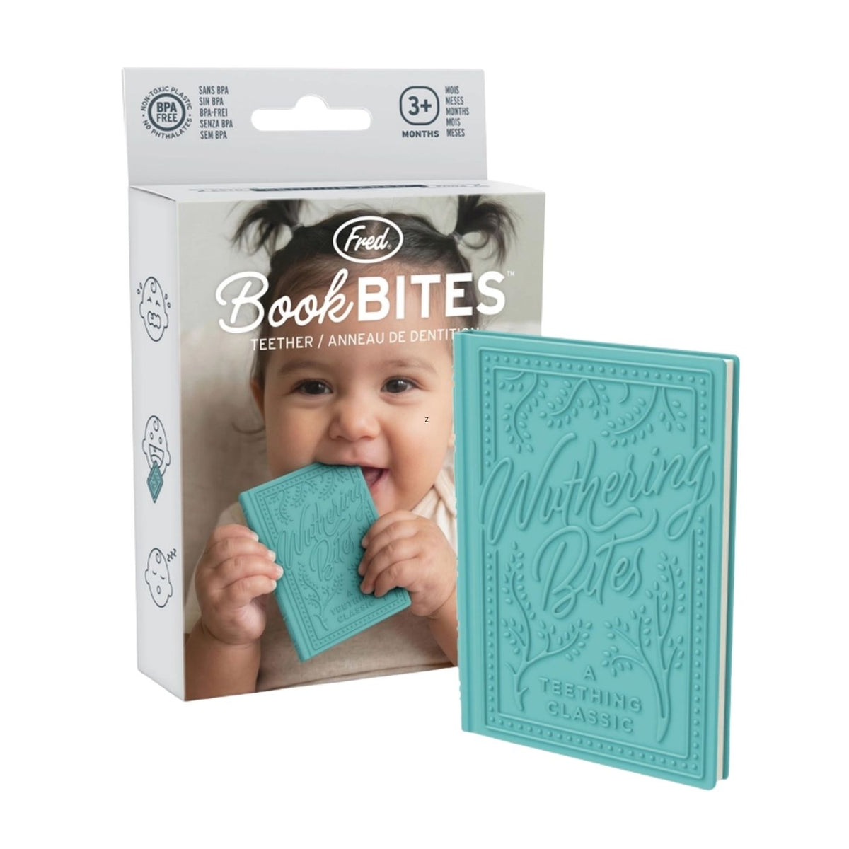 A turquoise Book Bites teething toy shown next to its retail packaging box. The box features a photo of a baby holding the toy, and the toy itself has an embossed floral pattern and the words 'Mothering Bites' on the cover.