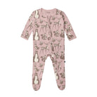 KicKee Pants baby footie with a two-way zipper in a light pink color featuring a playful Scandinavian woodland animal print