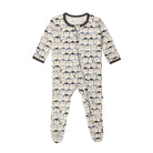A baby footed sleeper with a penguin pattern, featuring a front zipper, long sleeves, and long legs, shown on a plain white background.