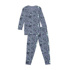 A two-piece long-sleeve pajama set featuring an all-over print of stylized black and gray cats in various poses on a dusty purple background, displayed flat against a solid white background.