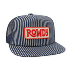 A navy and white pinstriped trucker hat with a red and beige embroidered 'ROWDY' patch on the front, shown against a plain white background.