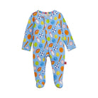 A baby long-sleeve footed sleeper in light blue with an all-over baseball and softball themed print, shown flat on a light off-white background.