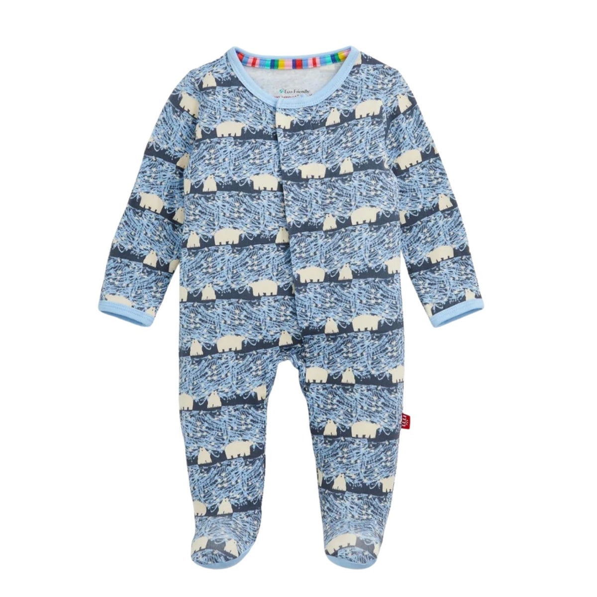 A baby footed one-piece sleeper with a blue and white polar bear pattern, featuring a snap-button front and ribbed cuffs and collar.