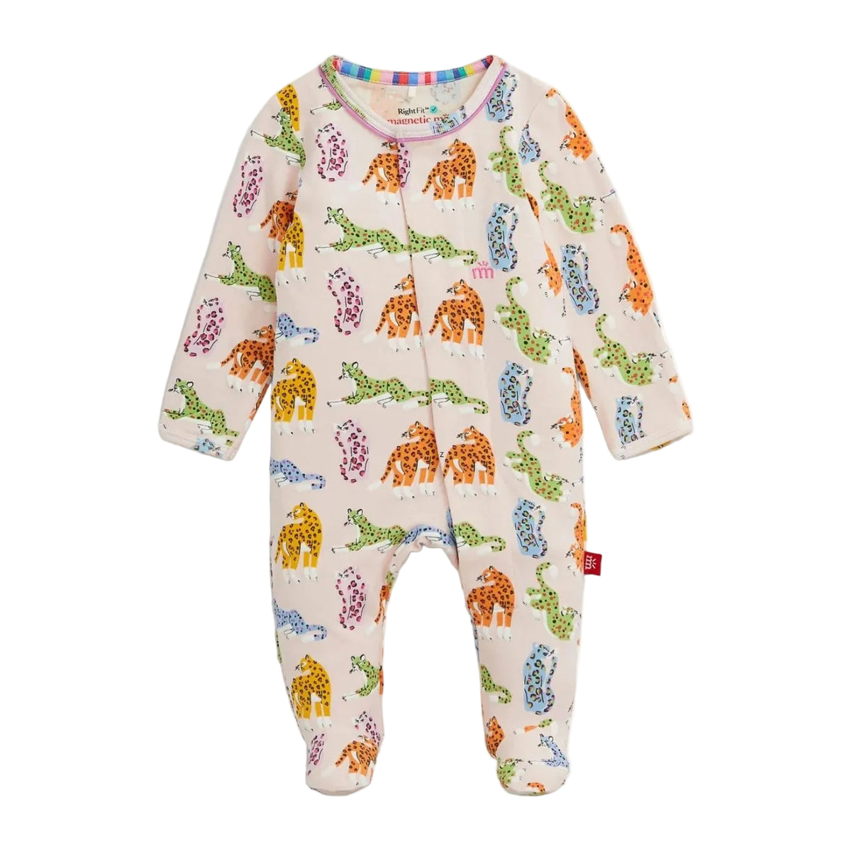 A baby footed sleeper with long sleeves and an all-over dinosaur print on a light cream background. The dinosaurs are in various colors including orange, green, yellow, and blue.
