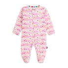 Pink baby onesie with a pattern on a white background