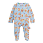 A baby footed one-piece sleeper in light blue with an all-over pizza slice print, shown against a plain white background.