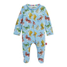 A baby footed sleeper in light blue with an all-over print of colorful tigers, photographed flat against a white background.