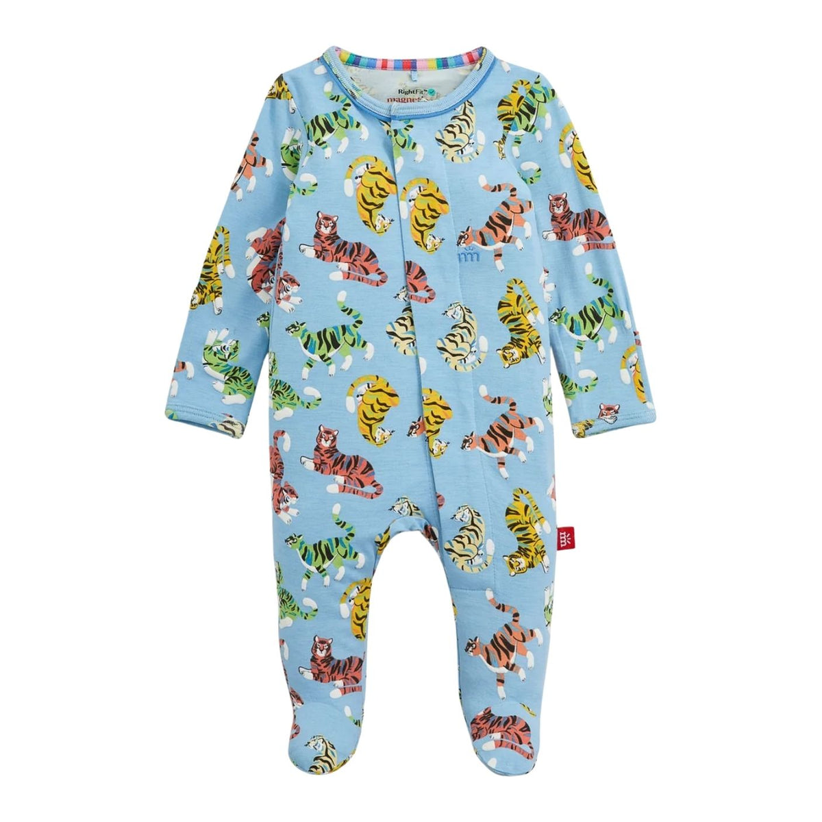 A baby footed sleeper in light blue with an all-over print of colorful tigers, photographed flat against a white background.