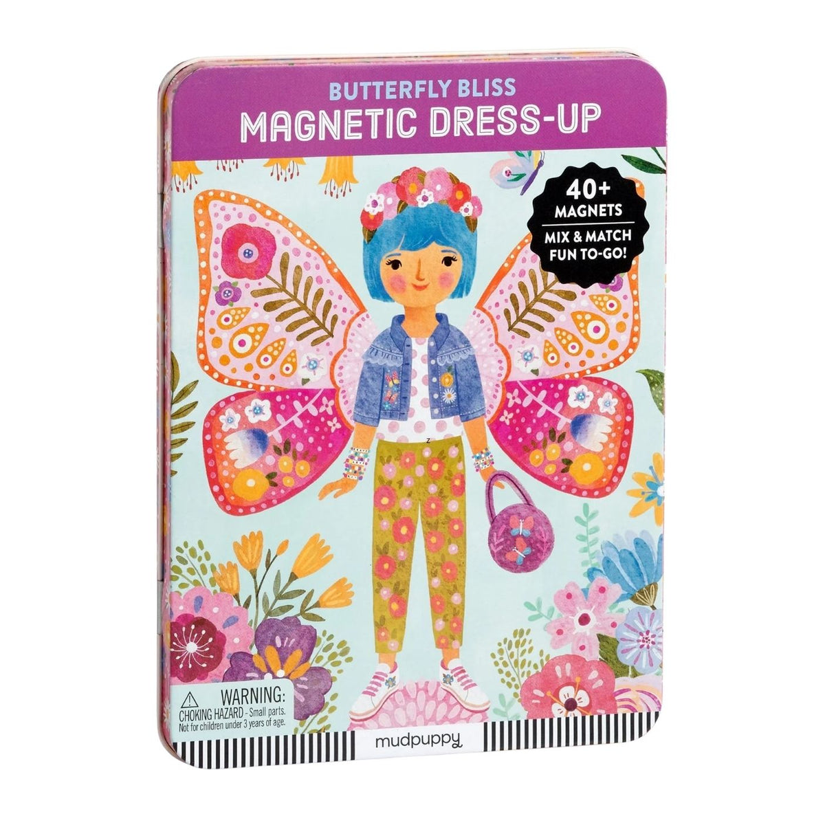 A butterfly-themed magnetic dress-up toy in a rectangular metal tin with rounded corners. The front features colorful illustrated wings, flowers, and a stylized character wearing patterned clothing, with text reading 'BUTTERFLY BLISS MAGNETIC DRESS-UP' and '40+ MAGNETS'.