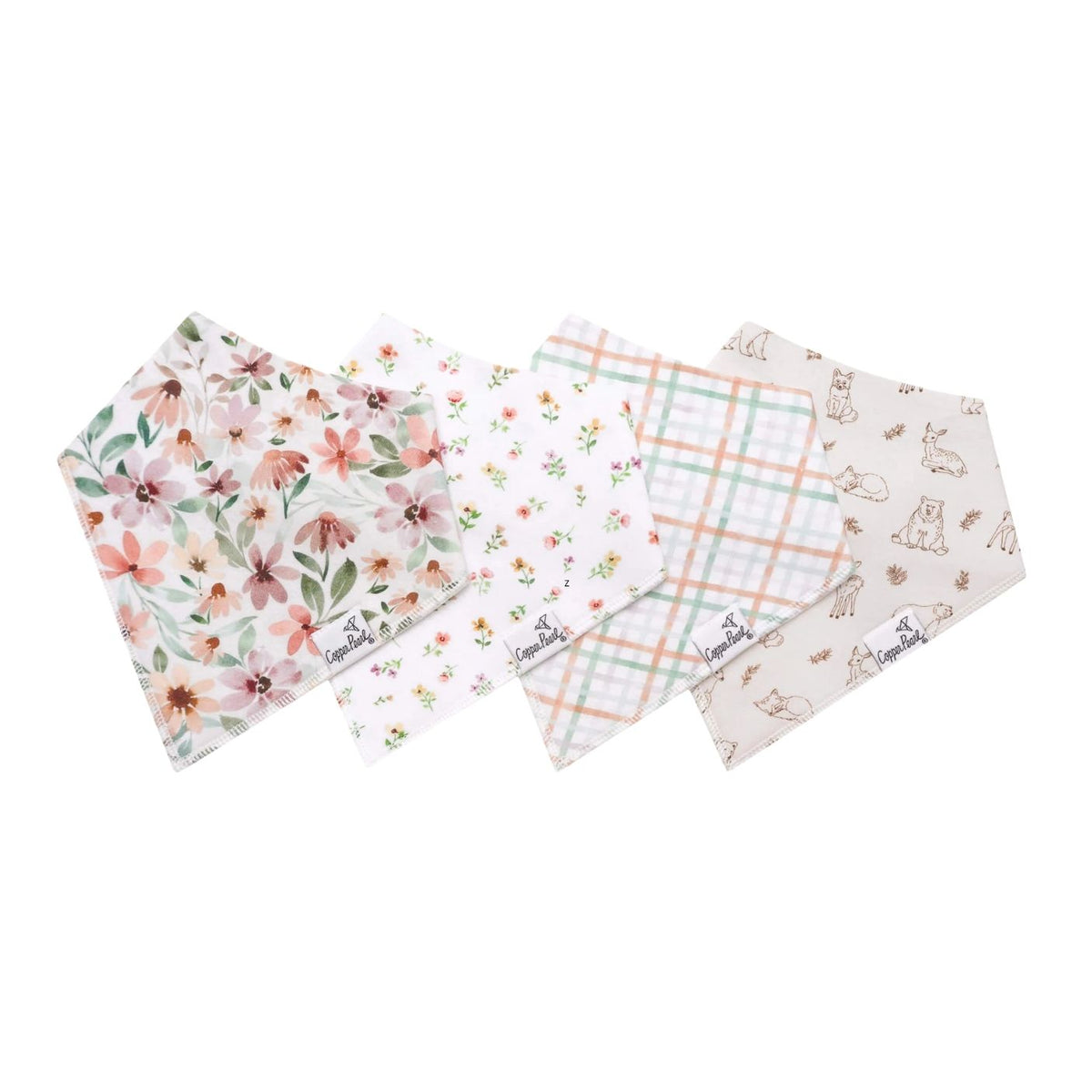 Four square bandanas with different patterns (floral, tiny flowers, plaid, and animal print) arranged in a fan shape on a white background.