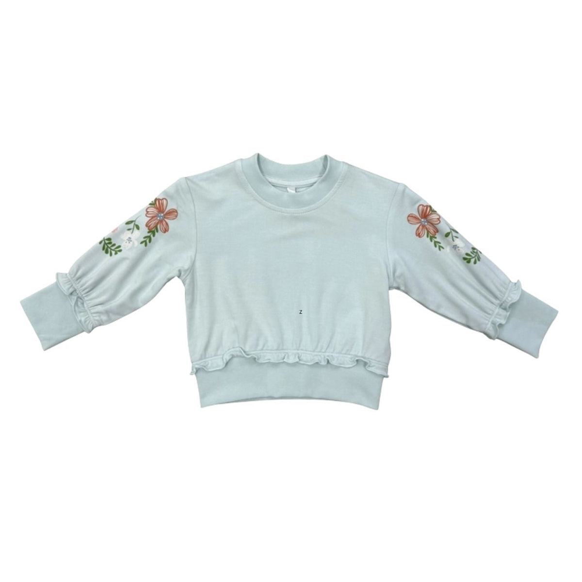 A light blue long-sleeve cropped sweatshirt with ruffled trim at the hem and cuffs, featuring embroidered pink and green flowers on both sleeves, shown against a plain white background.