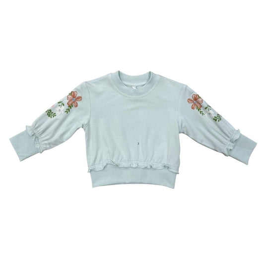 Ruffle Hem Sweatshirt - Floral Sleeves in Misty Blue by babysprouts