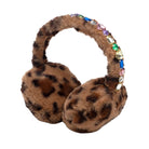 Furry leopard-print earmuffs with a decorative headband adorned with colorful rhinestones, shown on a plain white background.