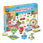 Busy Town educational toy set with cards, game board, and character figures on a white background.