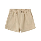 A pair of beige high-waisted shorts with an elastic waistband, button closure, and front patch pockets, shown on a plain white background.