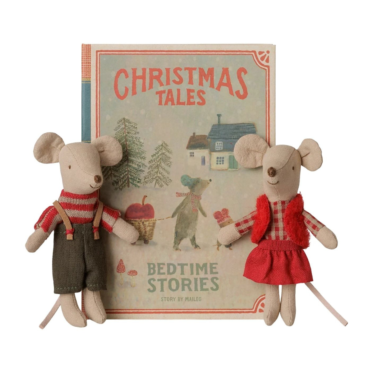 A children's book titled 'Christmas Tales: Bedtime Stories' by Maileg, displayed upright with two plush mouse characters in holiday clothing in front of it, on a plain white background.