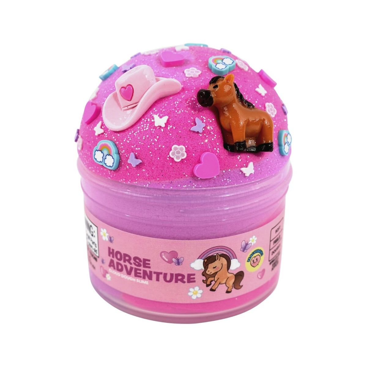 Pink slime toy container with a glittery pink lid decorated with a small brown horse figurine, a pink cowboy hat, stars, hearts, and rainbow accents. The clear plastic container has a pink label reading 'HORSE ADVENTURE'.