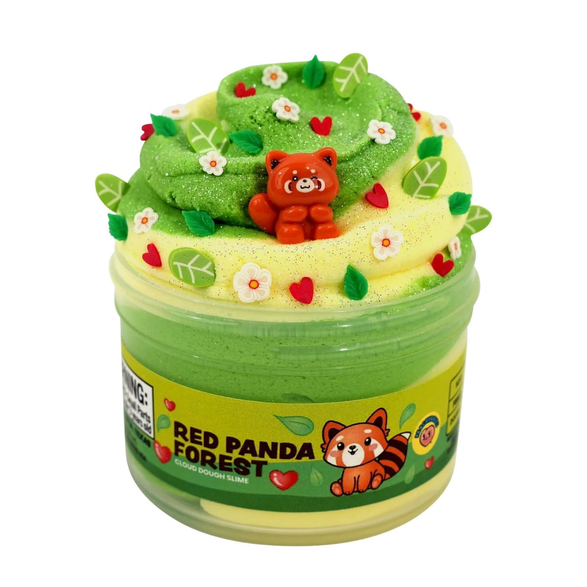 A novelty squishy toy shaped like a red panda forest in a clear plastic tub, featuring green glittery slime, a small racoon, with a label reading 'RED PANDA FOREST'.