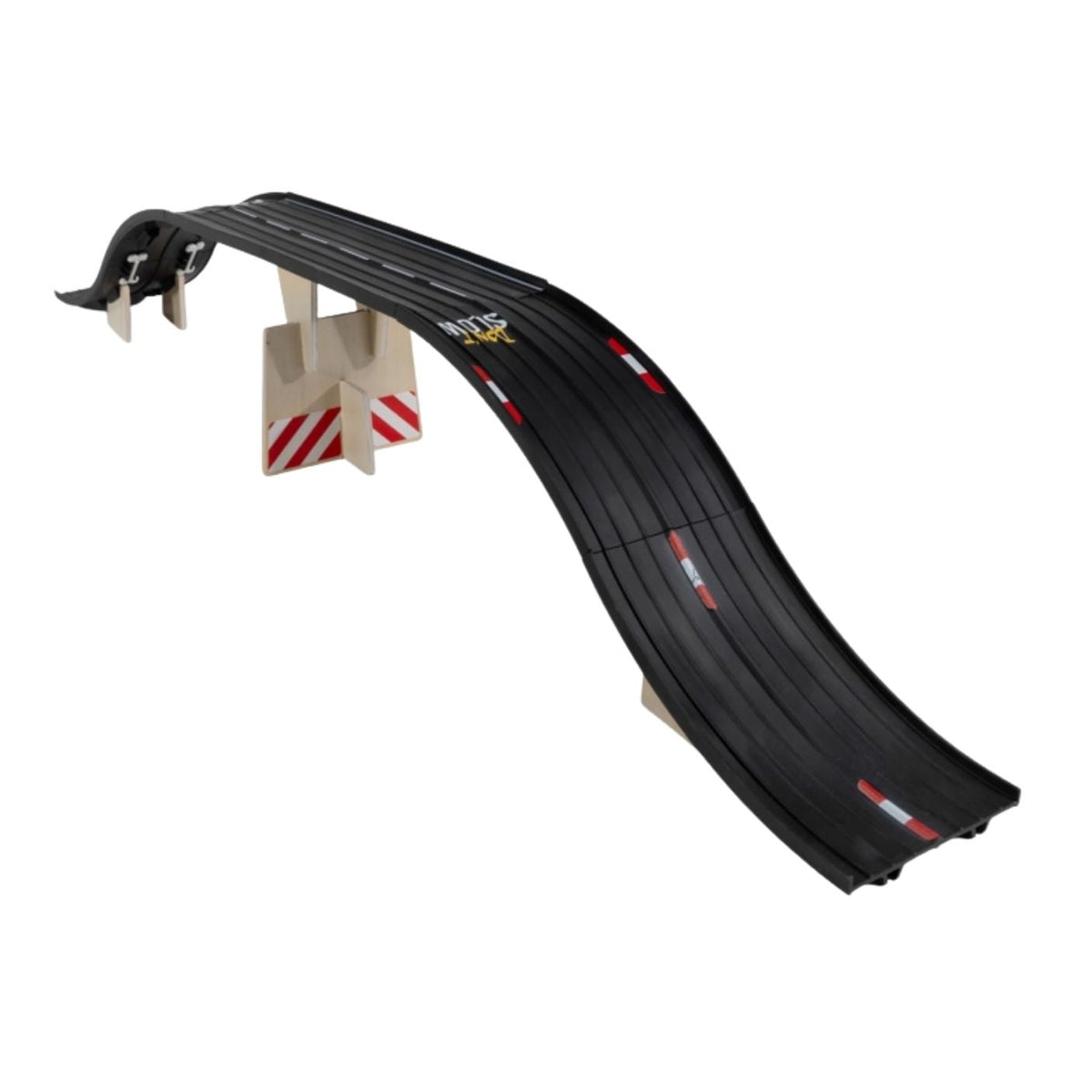 A black plastic curved ramp section for a toy race track, shown on a plain white background. The ramp features multiple lanes with red and white reflective striping and small printed track markings.