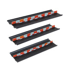 Three black metal mounting rails with integrated orange and white plastic clips, arranged diagonally on a plain white background.