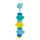 A wooden baby teething toy shaped like a skewer of fish, featuring stacked wooden fish pieces in light blue, teal, yellow, and light blue, attached to a light blue plastic suction hook.