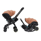 Brown and black baby car seat with canopy on a white background
