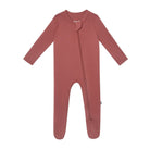 A long-sleeve baby footed sleeper in a dusty rose color, featuring a front zipper and snap closure, displayed on a clean white background.