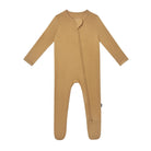 A long-sleeve baby footed sleeper in a warm tan color, featuring a front zipper and a small side tag, displayed on a solid white background.