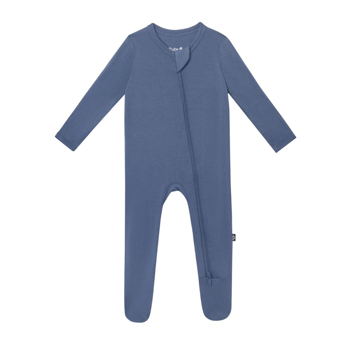 A baby long-sleeve footed sleeper in a dusty slate blue color, featuring a front zipper closure, displayed on a clean white background.