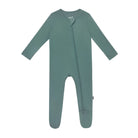 A long-sleeve baby footed sleeper in a muted sage green color, featuring a front zipper and snap closure, displayed on a clean white background.