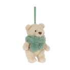 A cream-colored plush teddy bear ornament with a fuzzy mint green scarf and a matching hanging loop, shown against a plain white background.